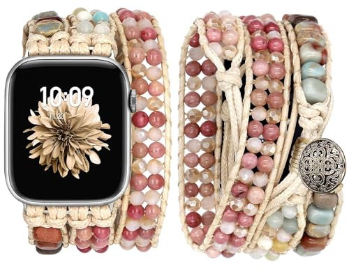 JR.DM Boho Armband Kompatibel mit Apple Watch Armband 38mm 40mm 41mm 42mm 44mm 45mm 46mm Rosa Armbänder Naturstein Handgefertigtes Geflochtenes Uhrenarmband für iWatch Series 10/9/8/7/6/5/4/3/2/1/SE