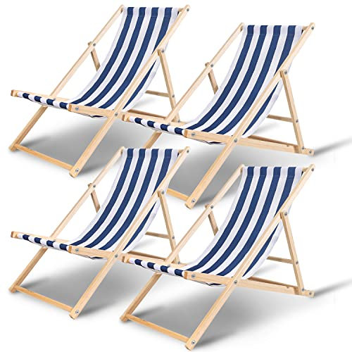 Ansobea Juego de 4 tumbonas plegables de madera, plegables, 120 kg máximo, ajustables, resistentes a la intemperie, de madera, para camping, balcón, piscina, color azul y blanco, 4 unidades