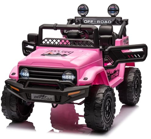 Voiture Électrique pour Enfant 12V, Véhicule Électrique pour Enfants avec Suspension à Ressort Télécommande, Lumières LED, Bluetooth, 3 Vitesses (Rose)