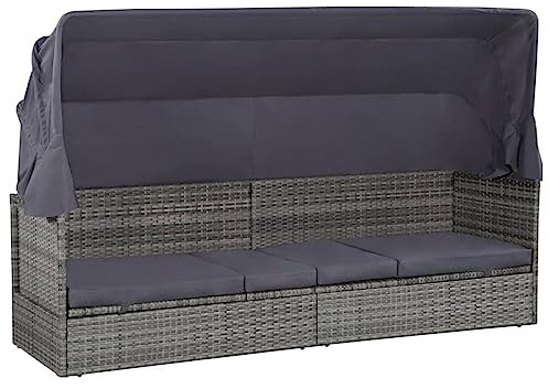 Rantry Gartenbett mit Sonnendach Sonnenliege Gartenbank Liege Gartenliege Möbel Sofabett Gartensofa Lounge Grau 205×62 cm Poly Rattan