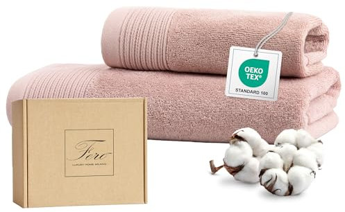 Ferò Lot de Serviette de Bain Luxe 2 pièces, 100% Coton Premium Low Twist 550 g/m², Très Doux & Absorbant, Oeko-TEX, Design Italien, Serviette de Toilette 50x100cm, Serviette Invité 30x50cm, Rose