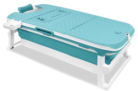 FIVMEN Faltbare Badewanne Erwachsene 132x61x54cm Klappbadewanne mit Abdeckung und Korb Mobile Foldable Bathtub Freistehende für Badezimmer, Dusche und Balkon, Blau