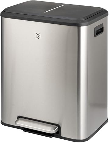 eluno Poubelle à pédale - 2 compartiments d'une capacité de 15 litres chacun, seau intérieur amovible en plastique, poignées latérales, grande pédale, système de tri sélectif (acier inoxydable)