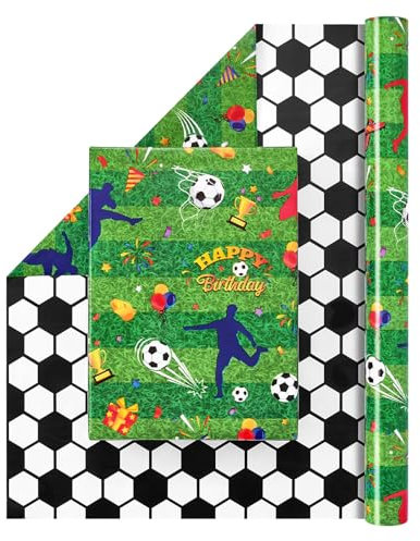 WERNNSAI Fussbal Geschenkpapier – 1 Rolle Fußball Geburtstags Geschenkpapierrollen Junge Kinder Fußball Geburtstagsparty Geschenkpapier Deko Fussball Geschenke Geschenkverpackung 43 cm × 10 m Grün