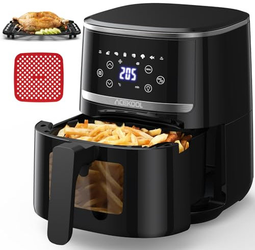 Hot Air Fryer 4.5 L 1500 W with Viewing Window for Kitchen, Low Noise, Memory Function, 8 Preset Menus, Equipped with Food Grade Silicone Baking Mat
