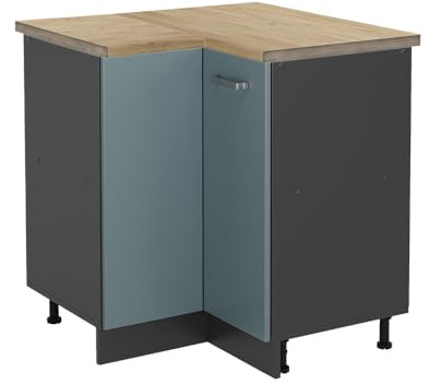 Vicco Eckunterschrank R-Line, Blau-Grau, 75.6 cm | Verbindet zwei Küchenseiten · Arbeitsplatte Eiche · Höhenverst. Füße · Metallgriffe · 1 Tür