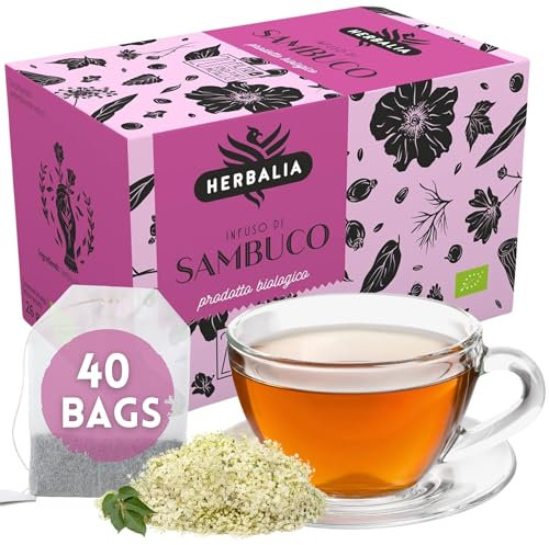 HERBALIA - Tisana ai Fiori di Sambuco in Bustine, Confezione da 40 Bustine Senza Punti Metallici, 52 gr. per Infusi e Tisane