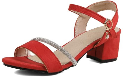 OALEEN Sandales Nu-pieds Femme Eté Petit Talon Carré Bride Cheville Strass Suède Confortable Chaussures Ouverte Soirée Rouge 36