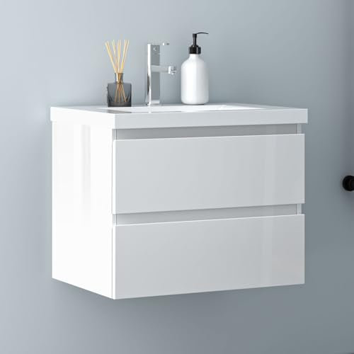 Biubiubath Badezimmermöbel 60cm Dickes Keramik Waschtisch mit Unterschrank Badmöbel Set Badezimmerschränke mit 2 Soft-Close Schubladen Hochglanz Weiß