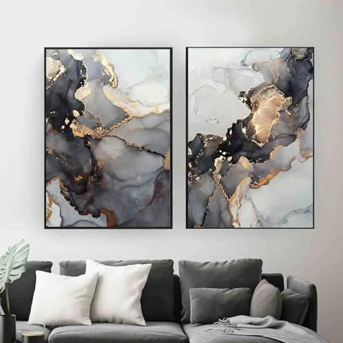 RDRDtbtr Wand Bilder abstrakte Poster und Kunstdrucke mit schwarzer und goldener Tintenstruktur moderne nordische Leinwandbild Bilder für Wohnzimmer Heimdekoration 50 x 70 cm x 2 ungerahmt