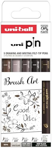 Uni-Ball Set Brush Art Stifteetui, 5 Stück, kalibrierte Marker, 0,1 bis 0,5 mm, Schwarz, Grau und Sepia