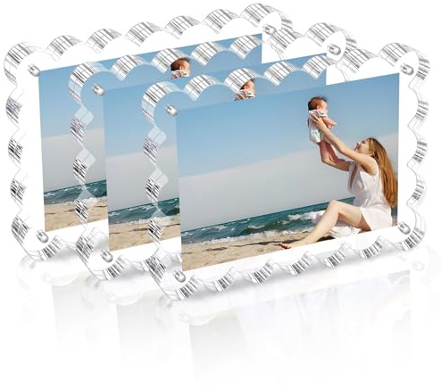Chivalral 3 Pack Acrylic Picture Frame. 4x6inch Magnetic Picture Frames, Double Sided,10+10mm Thick Block, Clear Photo Scalloped Frames Freestanding for Desktop Display