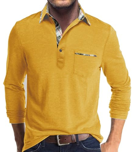 Comilaka Men's Polo Long Sleeve Casual Contrasting Color Polo Shirts with Pocket M-4XL