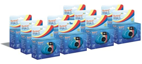 GT Photo Realishot Splash – 10er-Pack Einwegkameras, wasserdicht bis 6 m, 10×27 Aufnahmen, 35-mm-Farbfilm ISO 400 mit integriertem Blitz und automatischer Belichtung – Blau