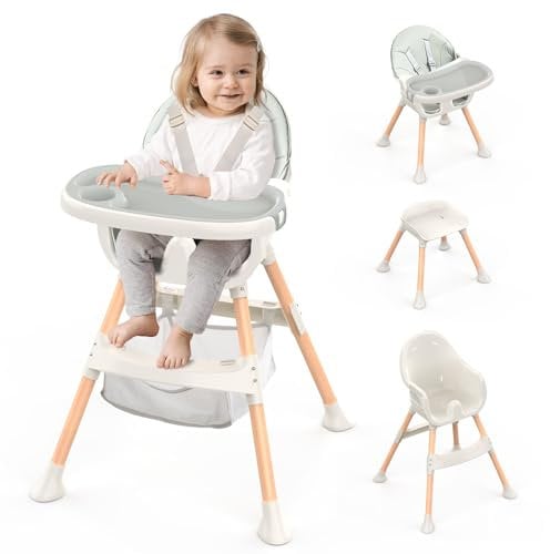 Highchairs Baby High Chair, Convertible 4-in-1 High Chair Portable High Chairs for Babies and Toddlers Baby Chair with Ajustable Height, Footrest, Removable Tray, from 6 Months to 3 Years, Green