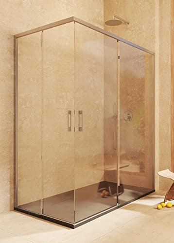 SOULBATH Mampara Angular 2 correderas + 2 fijos, sin Perfil Inferior, Fácil instalación Reversible Vidrio de Seguridad 6mm antical, 82,5-85 x 82,5-85 cm Ancho Adaptable - H= 195cm, Plata Brillo