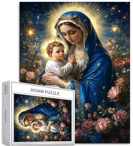 Jungfrau Maria hält Jesuskind 1000 Teile Puzzle für Erwachsene Christentum Puzzles Theotokos Puzzle 68,6 x 50,8 cm herausfordernde Familienaktivitätsspiele buntes DIY Handwerk Puzzle für