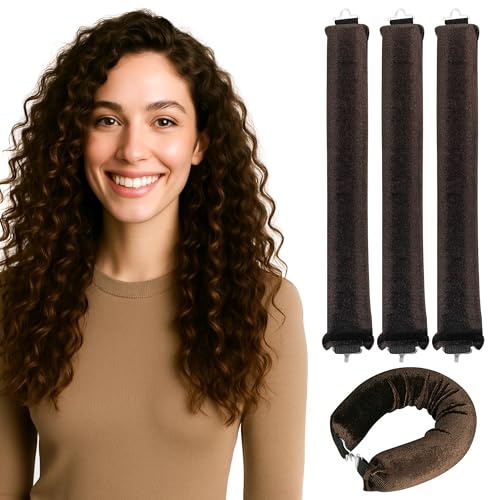 Lockenwickler 3er-Set – Heatless Overnight Curls für natürliche, voluminöse Wellen – Weiche Locken Samt-Haarroller mit Hakenverschluss – Schonend, biegsam & handgefertigt ohne Hitze (Braun)