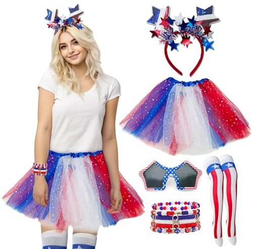 Disfraz patriótico del 4 de julio, rojo, blanco y azul para mujer, diadema de bandera estadounidense, falda tutú y kits para celebraciones del Día de la Independencia, desfiles y fiestas patrióticas