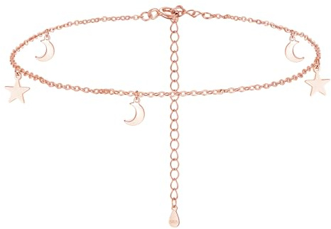 Estrellique 925 Sterling Silber Fußkettchen für Damen, Silber 925 Verstellbar 22+5CM Kette Fußkettchen Armband, Kleine Kreuz Stern Mond Anhänger Fußkette, Wasserdichte Barfuß Sommer Strand Knöchelchen