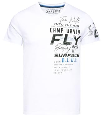 Camp David Herren T-Shirt mit V-Neck und Label Prints Opticwhite, XXXL