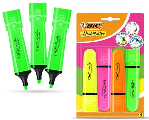 BIC Evidenziatore piatto verde neon, confezione da 3 e 4 confezioni assortite ad asciugatura rapida, a prova di sbavature, inchiostro a base d'acqua, colori fluorescenti brillanti, corpo in plastica