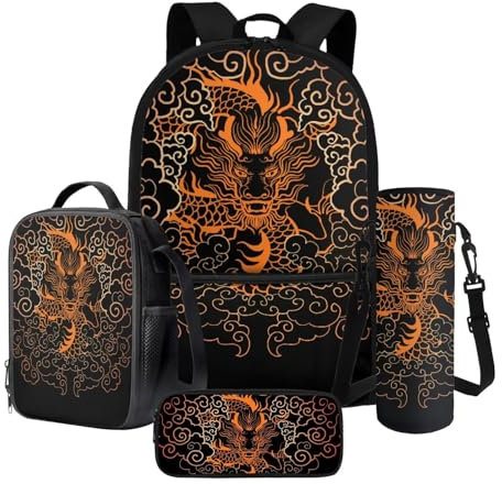 Xoenoiee Schulrucksack-Set mit Lunchbox, Federmäppchen und Wasserflaschenhalter für Teenager, Kinder, Grundschule, Cooler Drache, Einheitsgröße, Schulranzen-Set
