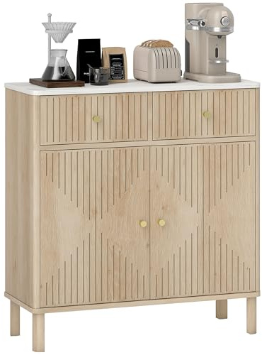 HOMCOM Buffet Salon avec Plateau Effet marbre, Meuble de Rangement cannelé avec 2 tiroirs, 2 Portes et étagère réglable, Style Moderne, Buffet Salle à Manger et Cuisine, 77 x 30 x 80 cm, chêne