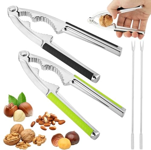 AUAUY 2PZ Schiaccianoci, Acciaio Inox con Manici e Forchette Antiscivolo | per Noci, Mandorle, Nocciole, Frutti di Mare, Nero & Verde