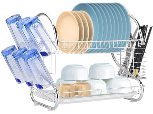 SUNNYNEST 2-Tier Kitchen Dish Drying Rack with Utensil Holder, Space-Saving Dish Drainer for Countertops, Compact Dish Organizer for Plates, Cups, and Cutlery