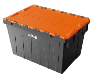 RACK IT STACK IT Large Stackable Storage Tote Boxes with Attached Lids, 62 Litre Capacity, 30kg Load, Choice of Coloured Lids (Orange)