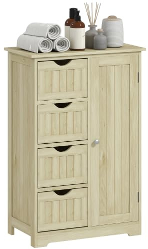 kleankin Armario de Baño Mueble Auxiliar Baño con 4 Cajones 56x30x83 cm | Estante Ajustable, Estilo Moderno, para Espacios Pequeños, Estrecha, Madera Natural