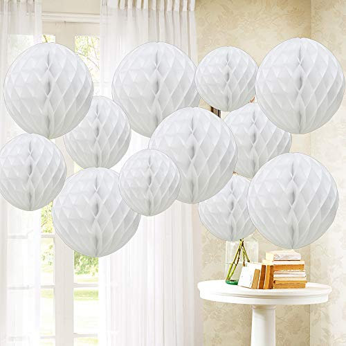Time to Sparkle 12 Pack Tissue Paper Honeycomb Balls, Poms Birthday Baby Shower Wedding Decorations (White)