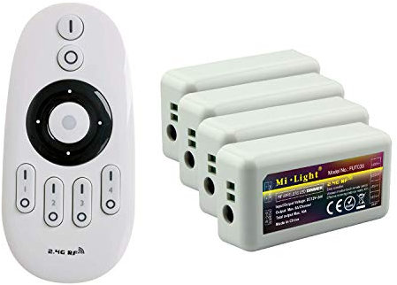 LIGHTEU®, Milight Miboxer Fernbedienungskit: Packung mit 4 x einfarbigen Dimmer Controllern mit 1 x drahtloser 4-Zonen-RF-Fernbedienung 4x fut036 + fut007