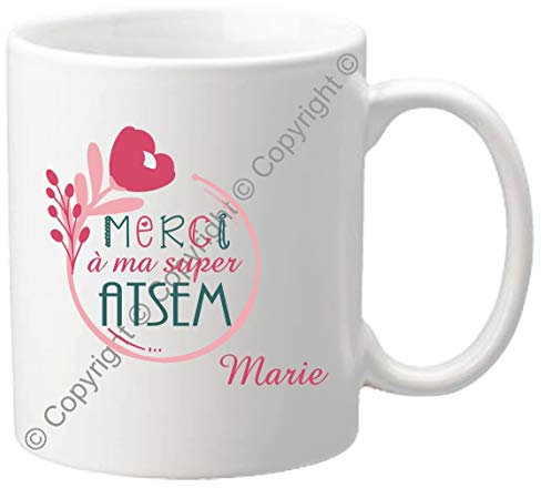 Gravure Events Mug Tasse – Merci à ma Super ATSEM - Cadeau Atsem Personnalisable avec le prénom de l'enfant - Cadeau Original Fin d'Année Scolaire atsem petite moyenne section maternelle