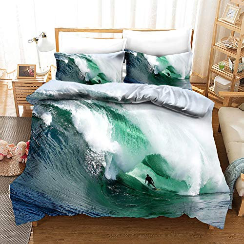 FANSU Bettbezug Bettwäsche Set Mikrofaser 3D Surfen Bedrucktes Bettwäsche-Set Kopfkissenbezug Bettbezug mit Reißverschluss Schließung (200x200cm,Monströse Wellen)