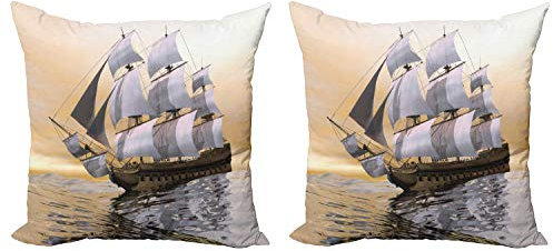 ABAKUHAUS maritim Dekokissen Kissenbezug 2er Pack, Schiff auf Ozean, Modern Accent Doppelseitiger Digitaldruck, 40x40, Graue Creme