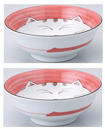 JapanBargain 2481, tazón grande de porcelana japonesa para sopa con patrón de gato de la suerte, cuenco de ramen de color rosa, gato sonriente, fabricado en Japón, paquete de 2