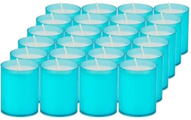 Sovie CANDLES Refill Kerzen Aquablau 24 Stück - Kerze in Kunststoff-Hülle - ca. 24 Stunden Brenndauer - Kerzen Deko Innen & Außen - Schützt Glas & Dekoration