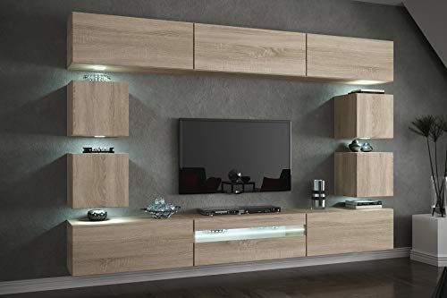 FURNITECH Wohnwand - Modern Wohnzimmer Schrankwand mit LED RGB, 16 Farben, Hängend, Regale und TV Schrank (Future C81-M-S3 1A - 257 cm)