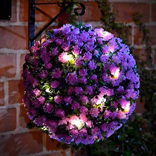 MantraRaj 28CM Solar Powered Topiary Ball 20 LED Flower Lights Dual Function Garden Sphere Great For Outdoor Decorations For Wedding Artificial Plant Backyard Balcony Garden Decor (Purple)
