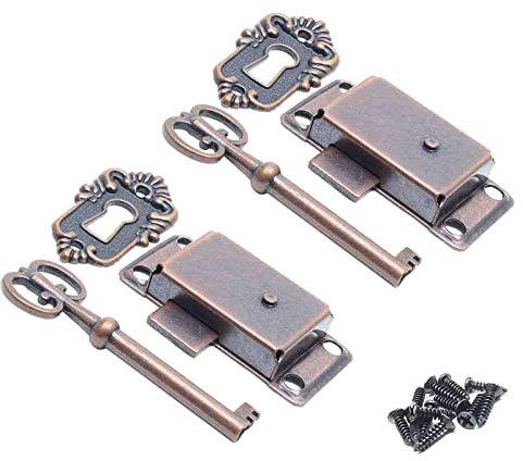 BokWin Dekoratives Schloss für Schrank, Möbelschloss, Vintage-Schloss für Schmuck, antike rote Bronze, Schrankschloss, altes Schloss, Ersatz mit Schlüssel und Befestigungsschrauben (2 Set)