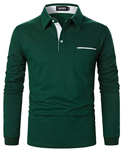 AIOIDI Polo Shirts for Men Adults Long Sleeves Casual Golf Shirt with Real Pocket,Green,L