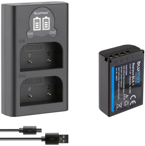 Blumax Akku kompatibel mit Olympus BLX-1 [ 2250mAh ] + Slim Dual Charger BLX1 für Olympus OM-1 / OM-1 Mark II/OM-3 & OM System OM-1