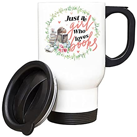 Getagift Just a Girl who Loves Books, Reading Lover, for Girls Silver/White Insulated 14oz Travel Tea/Coffee Mug. (White)