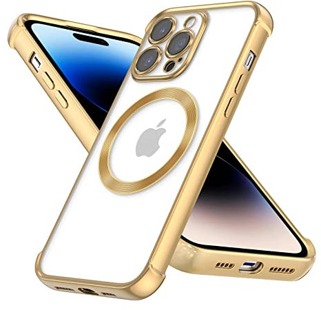 RALEAVO Magnetic Case for iPhone 14 Pro Max, Compatible with MagSafe Clear Aesthetic Plating Case, Shockproof Protective Silicone Cover for Girls & Women Drop-proof Cover for iPhone 14 Pro Max-Gold