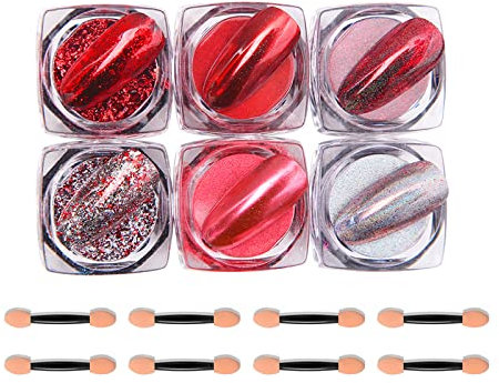 Chrome Nail Powder,6 Boxes Aurora Magic Mirror Effect Nail Powder Dust Manicure Pigments,Holographic Nail Glitter Sequins for DIY Nail Art Design Decoration (Red)