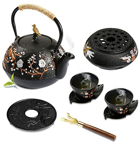 WICHEMI Bollitore da tè in ghisa con scaldino, set di teiera giapponese con infusore, 720 ml, teiera in ghisa con tazze da tè all'interno rivestite con smalto, regalo per adulti e amici di famiglia.