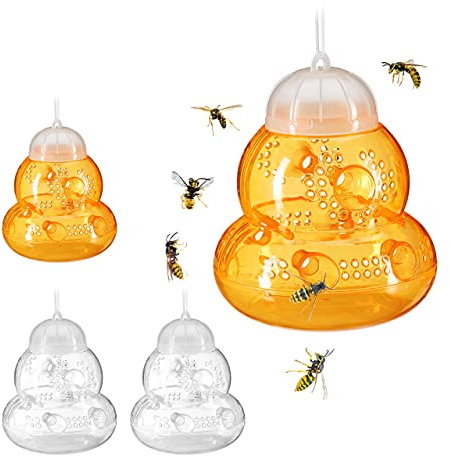 Relaxdays Wespenfalle 4er Set, Lebendfalle Wespen, ohne Lockstoff, zum Aufhängen, Balkon & Garten, orange/transparent, Pack