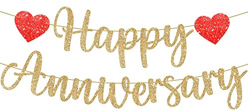 KatchOn, Happy Anniversary-Banner, glitzernd, goldfarben – kein Selbermachen, 2 Schnüre, 10 Fuß | Alles Gute zum Jubiläum Dekorationen für Party | „Happy Anniversary“-Schild für Hochzeitstag-Dekorat